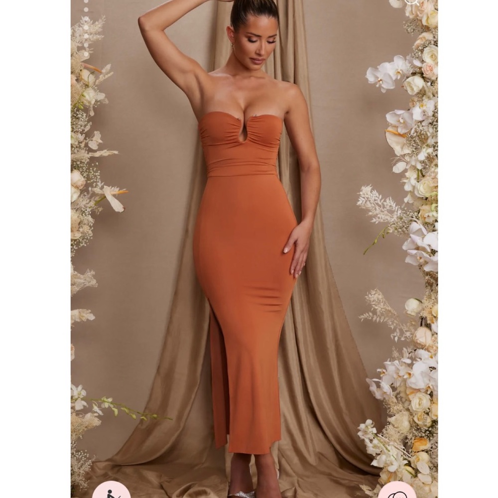 Strapless thigh high split maxi dress in tan